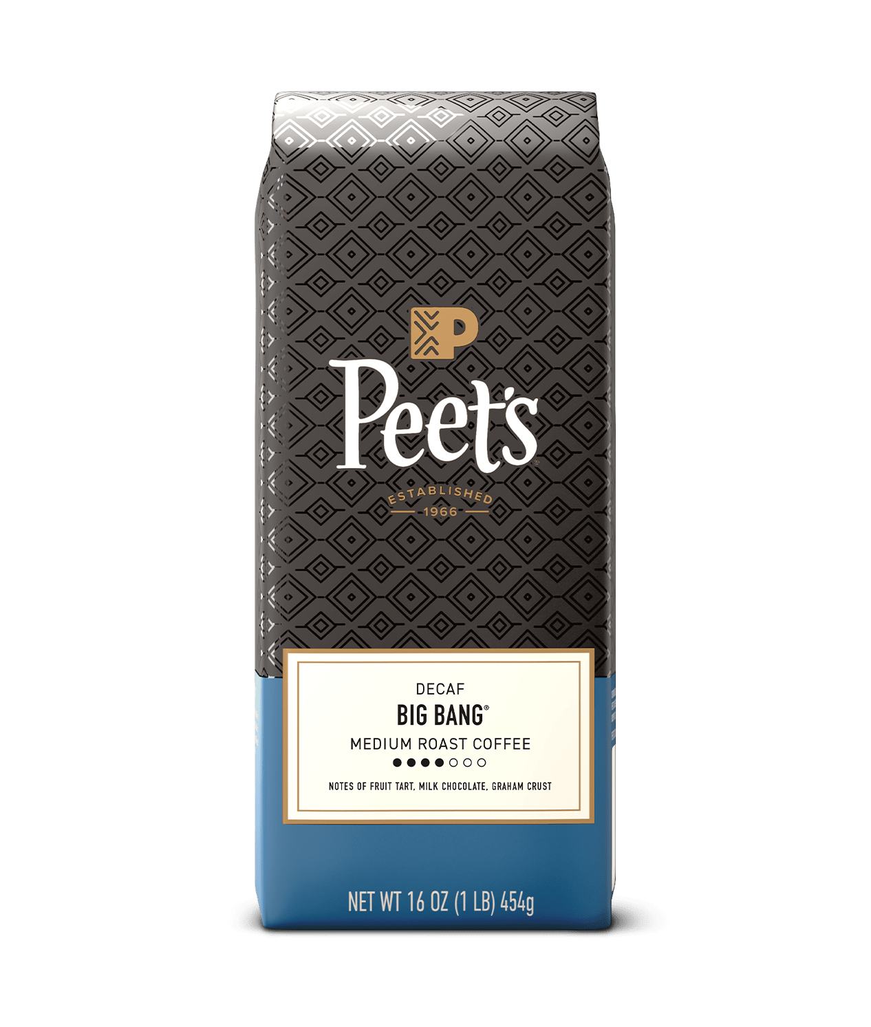 Peet's coffee bag with geometric pattern on a green background
